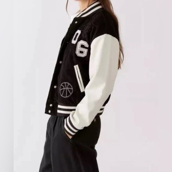 Urban Outfitters BDG Black Embroidered Corduroy Torrence Varsity‎ Jacket Sz SP - Picture 2 of 11